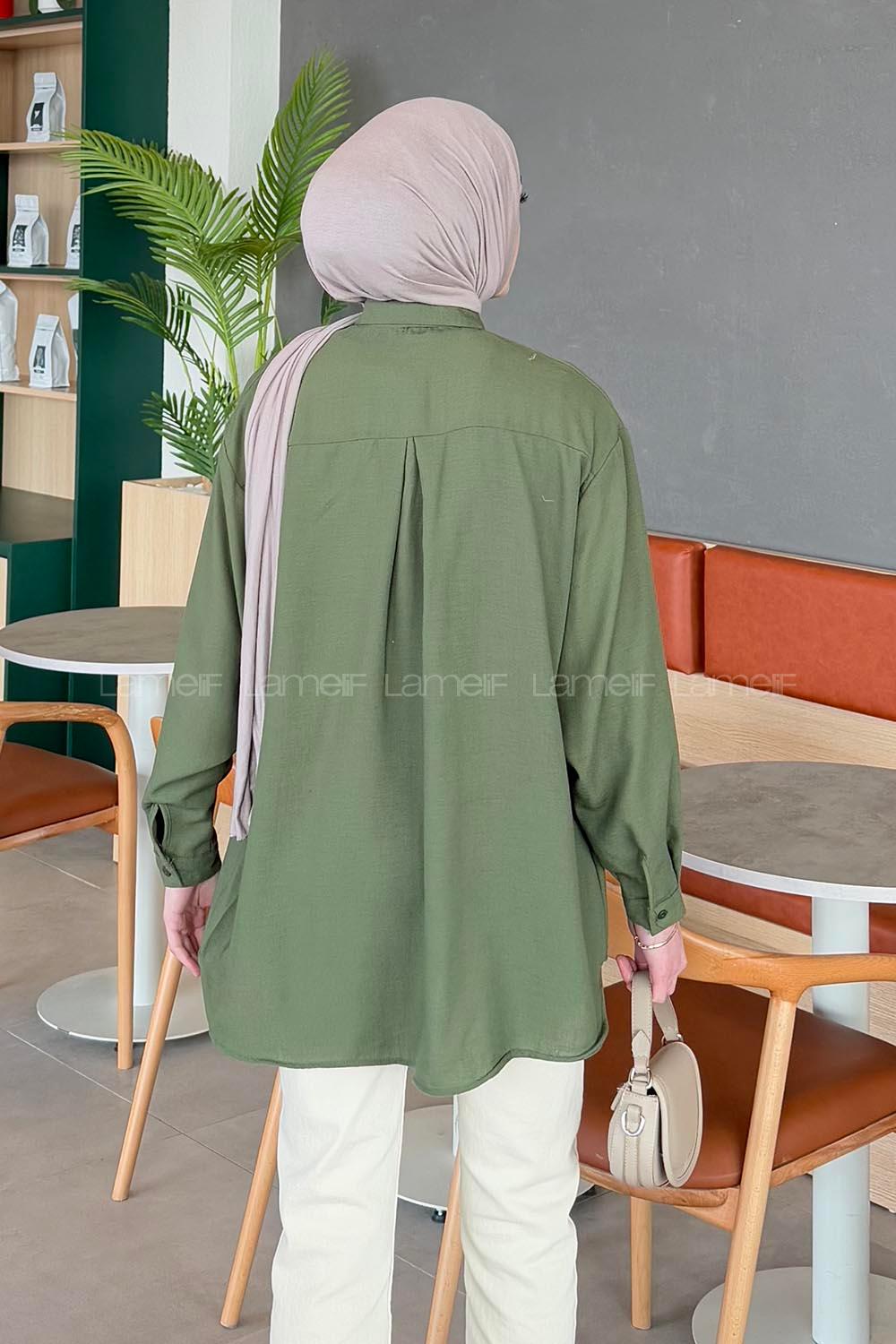 Lamelif Pera Keten Tesettür Gömlek Haki