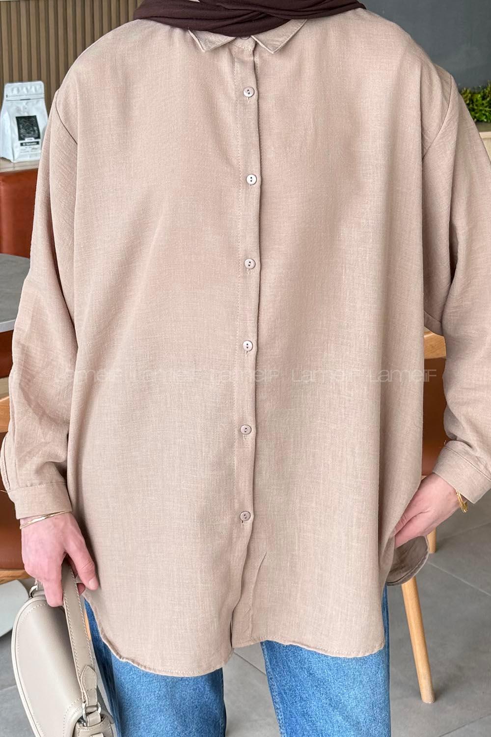 Lamelif Pera Keten Tesettür Gömlek Kahve