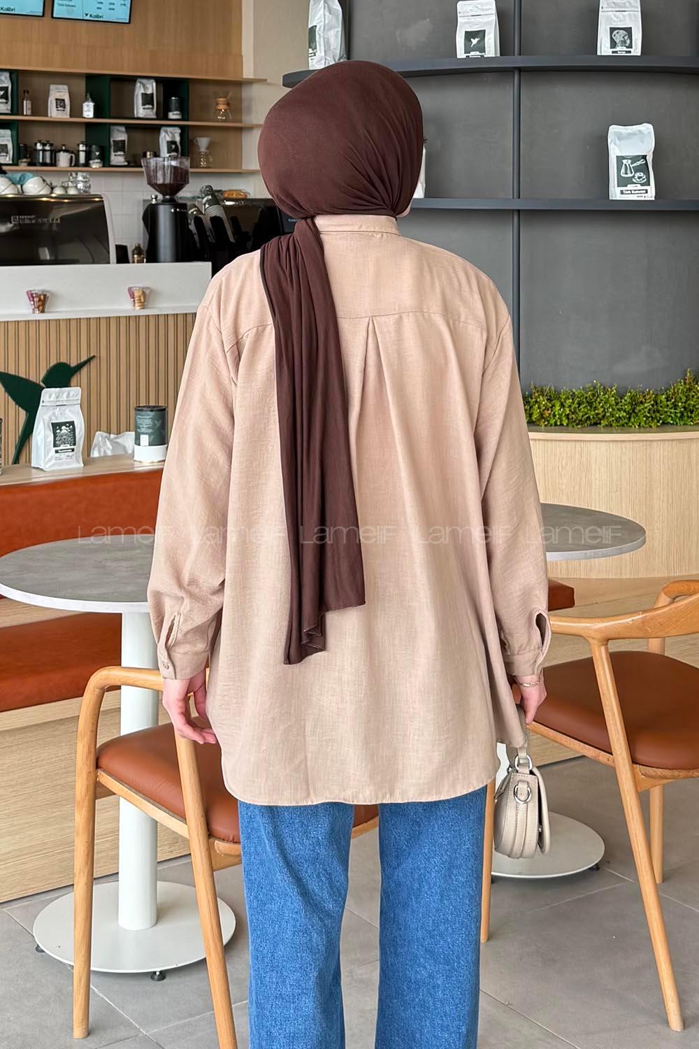 Lamelif Pera Keten Tesettür Gömlek Kahve