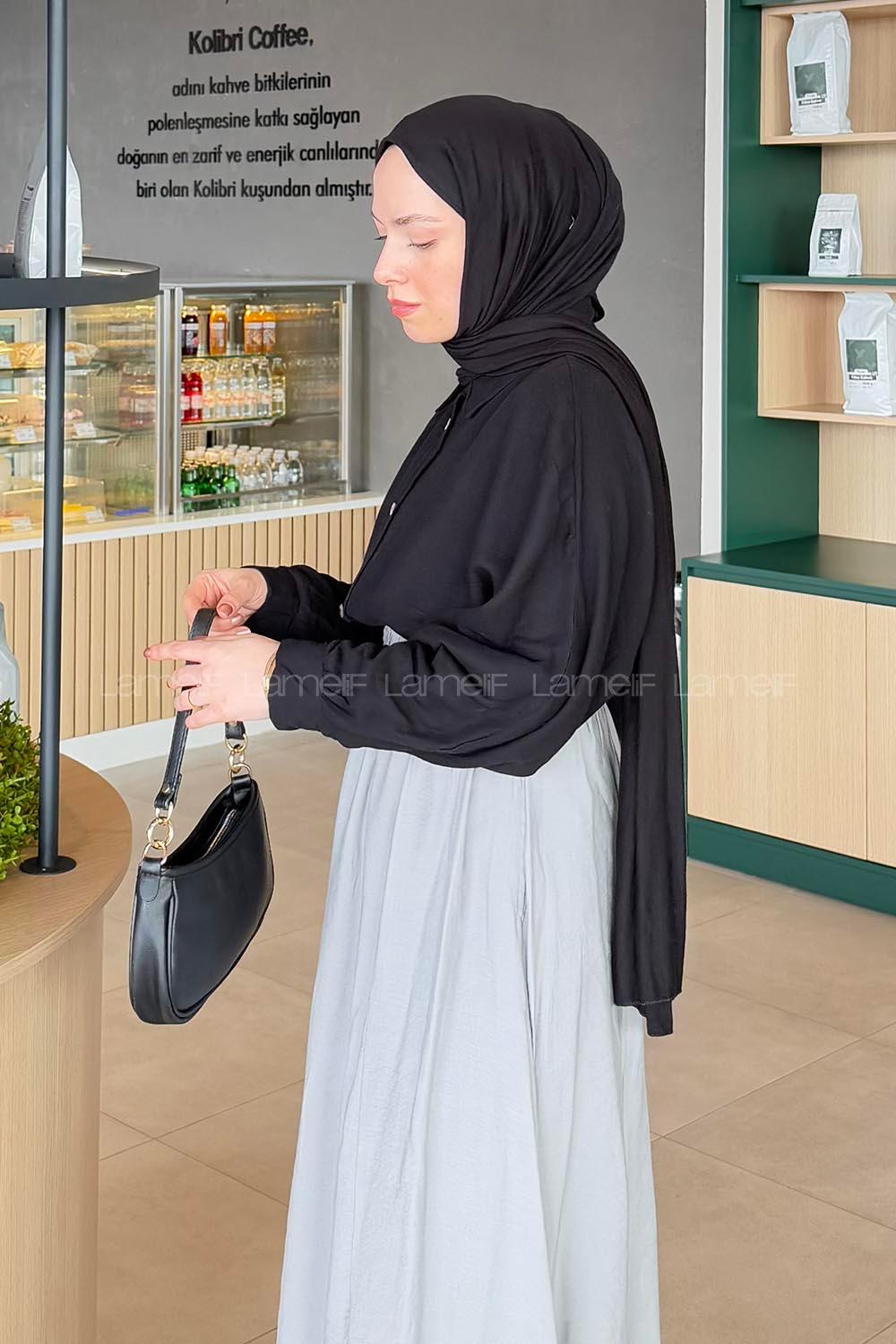 Lamelif Yarasa Kol Tesettür Gömlek Siyah
