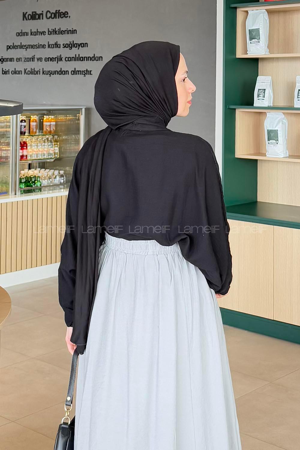 Lamelif Yarasa Kol Tesettür Gömlek Siyah