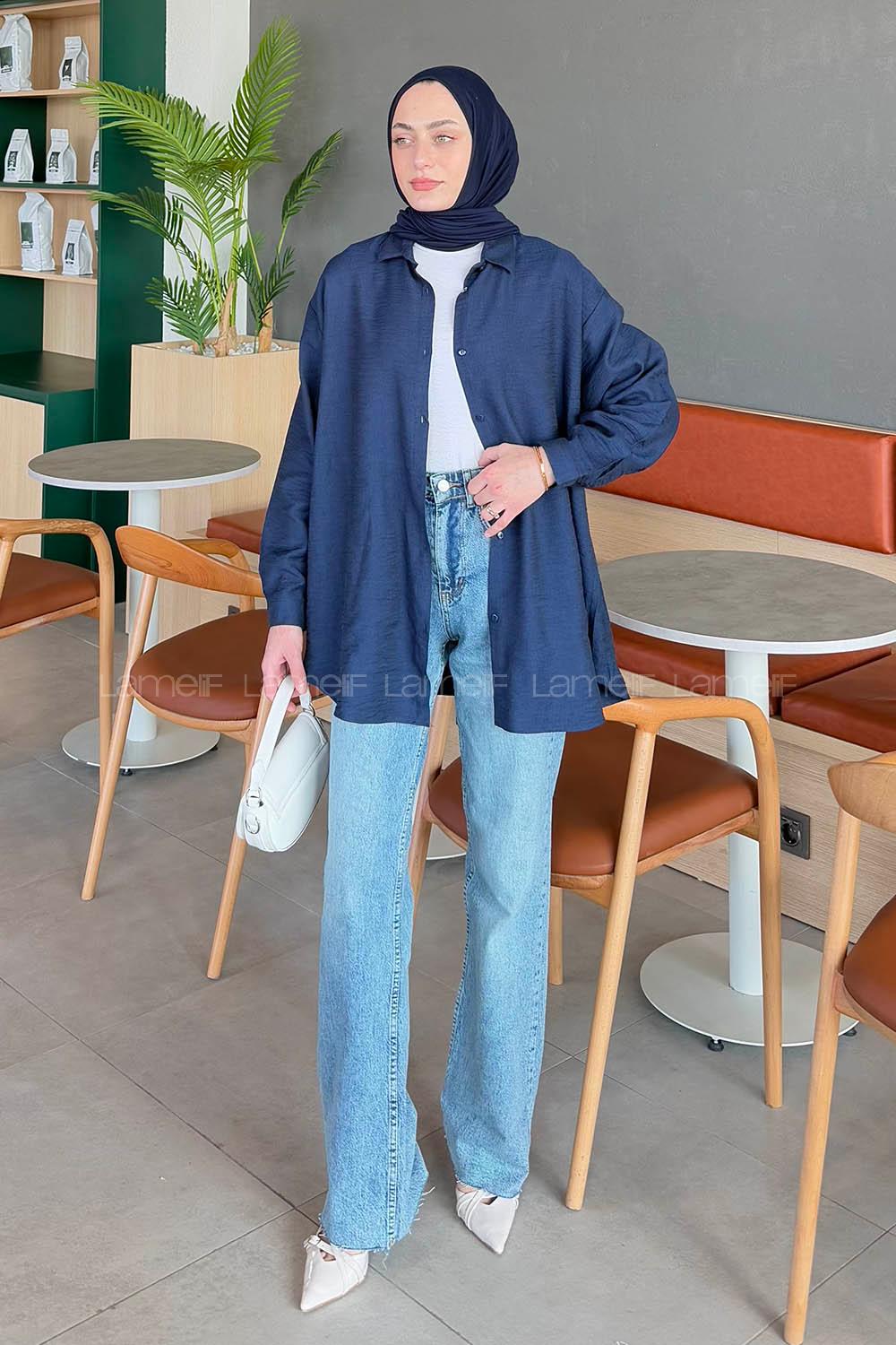 Ağaç Kabuğu Dokulu Pamuklu Tesettür Gömlek Lacivert