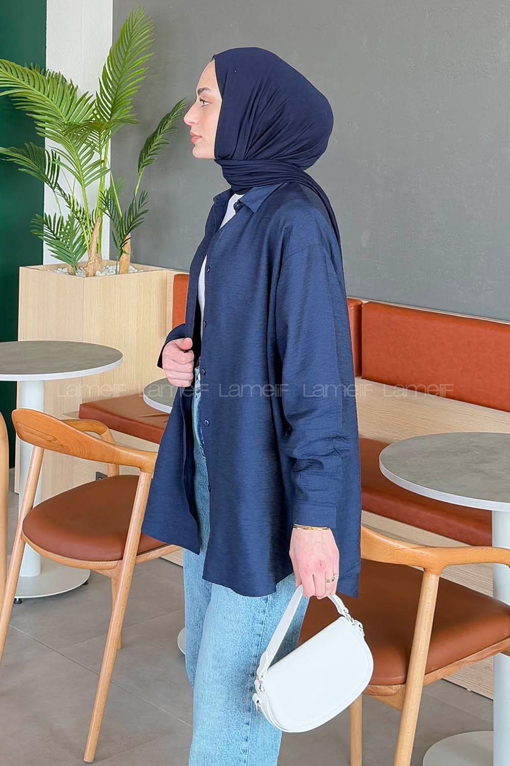 Ağaç Kabuğu Dokulu Pamuklu Tesettür Gömlek Lacivert