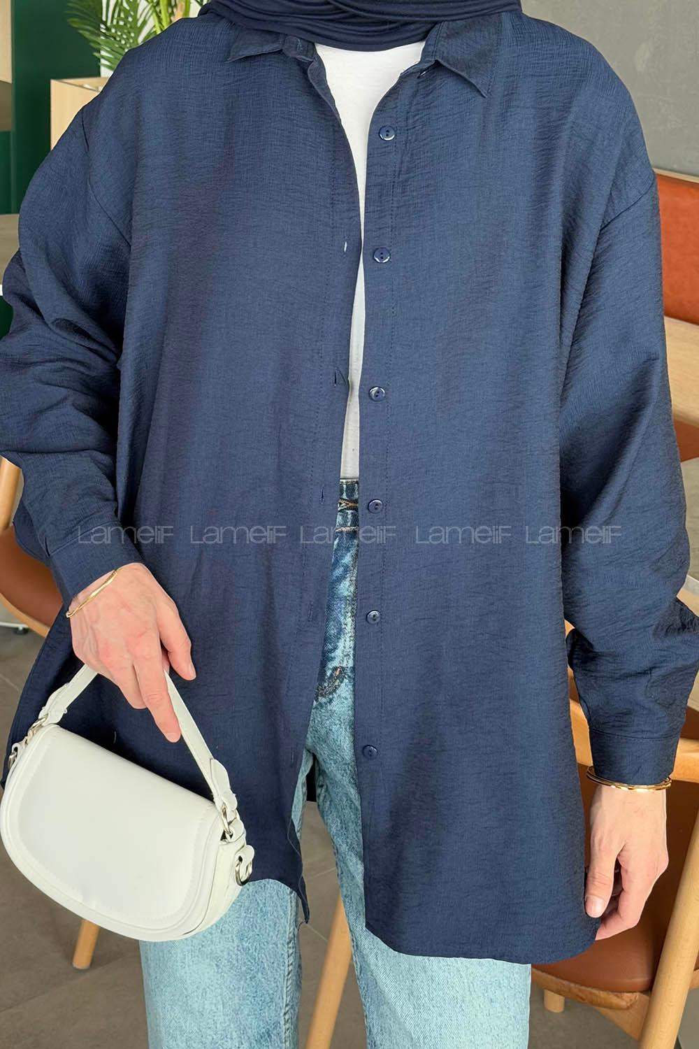 Ağaç Kabuğu Dokulu Pamuklu Tesettür Gömlek Lacivert