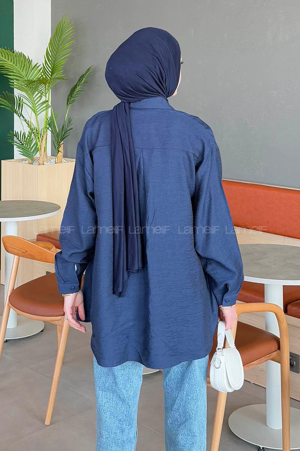 Ağaç Kabuğu Dokulu Pamuklu Tesettür Gömlek Lacivert