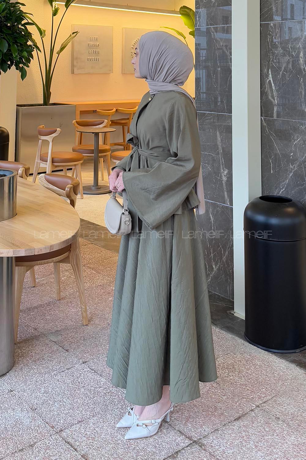 Lamelif Bağcıklı Etek-Bluz İkili Takım Haki