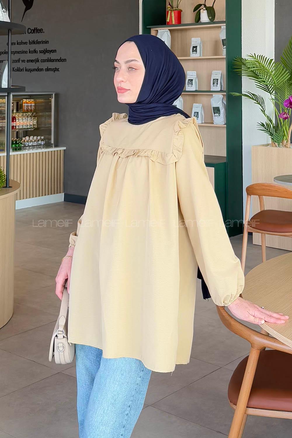 Lamelif Bisiklet Yaka Omuz Fırfırlı Tunik Bej