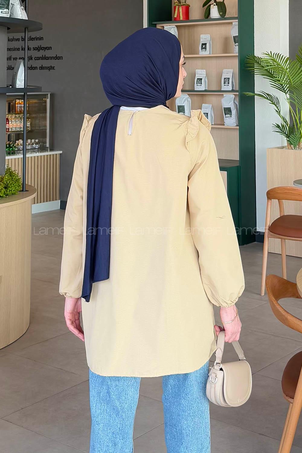 Lamelif Bisiklet Yaka Omuz Fırfırlı Tunik Bej