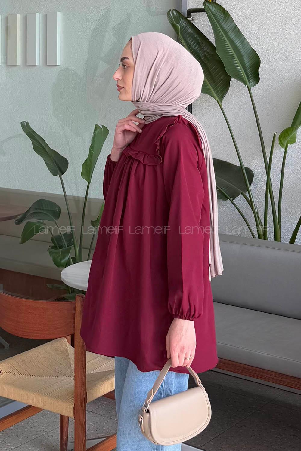 Lamelif Bisiklet Yaka Omuz Fırfırlı Tunik Bordo