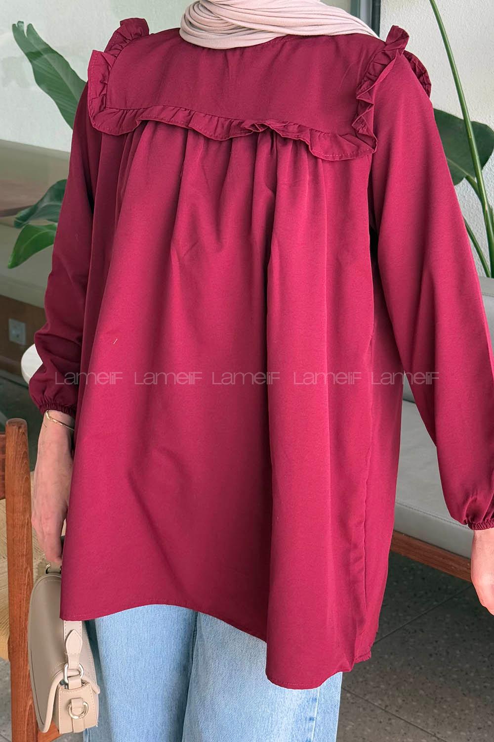 Lamelif Bisiklet Yaka Omuz Fırfırlı Tunik Bordo