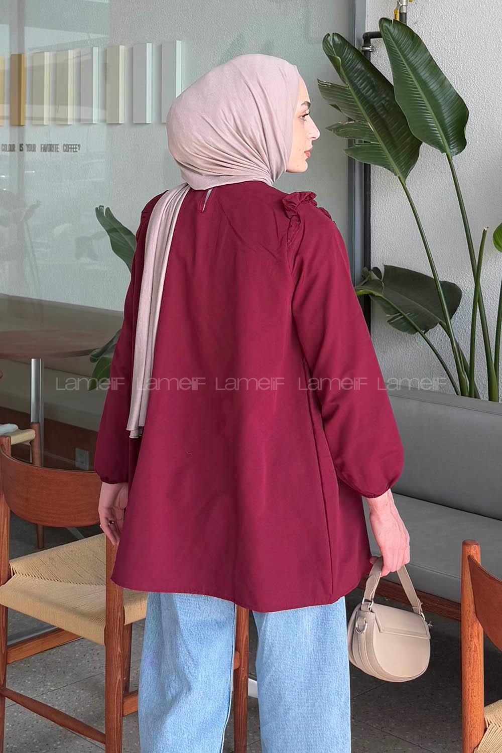Lamelif Bisiklet Yaka Omuz Fırfırlı Tunik Bordo