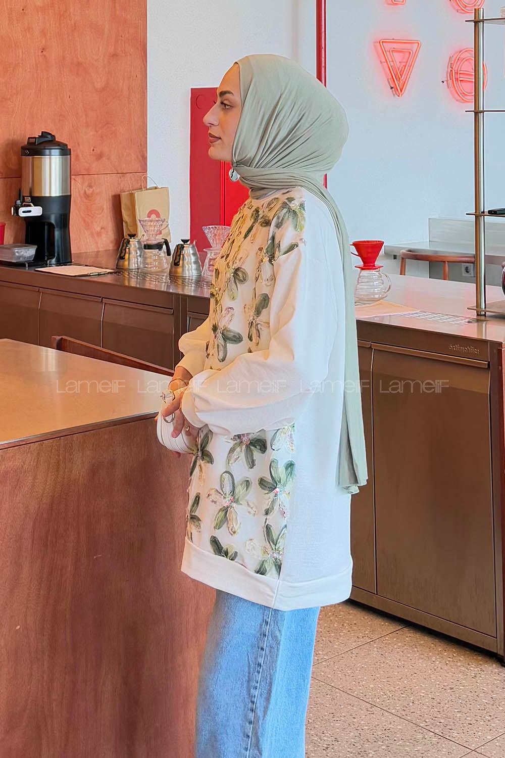 Lamelif Çiçekli İki İplik Tesettür Sweat Haki