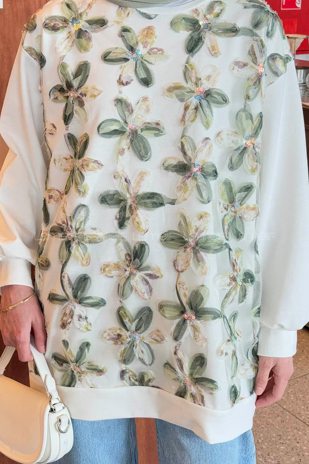 Lamelif Çiçekli İki İplik Tesettür Sweat Haki