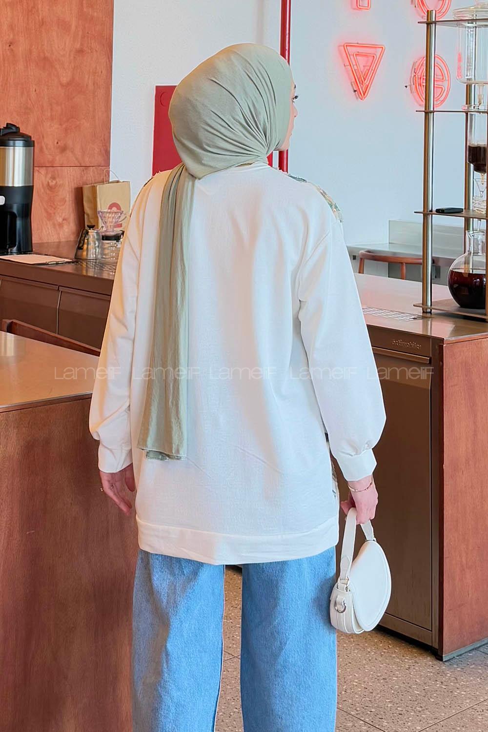 Lamelif Çiçekli İki İplik Tesettür Sweat Haki