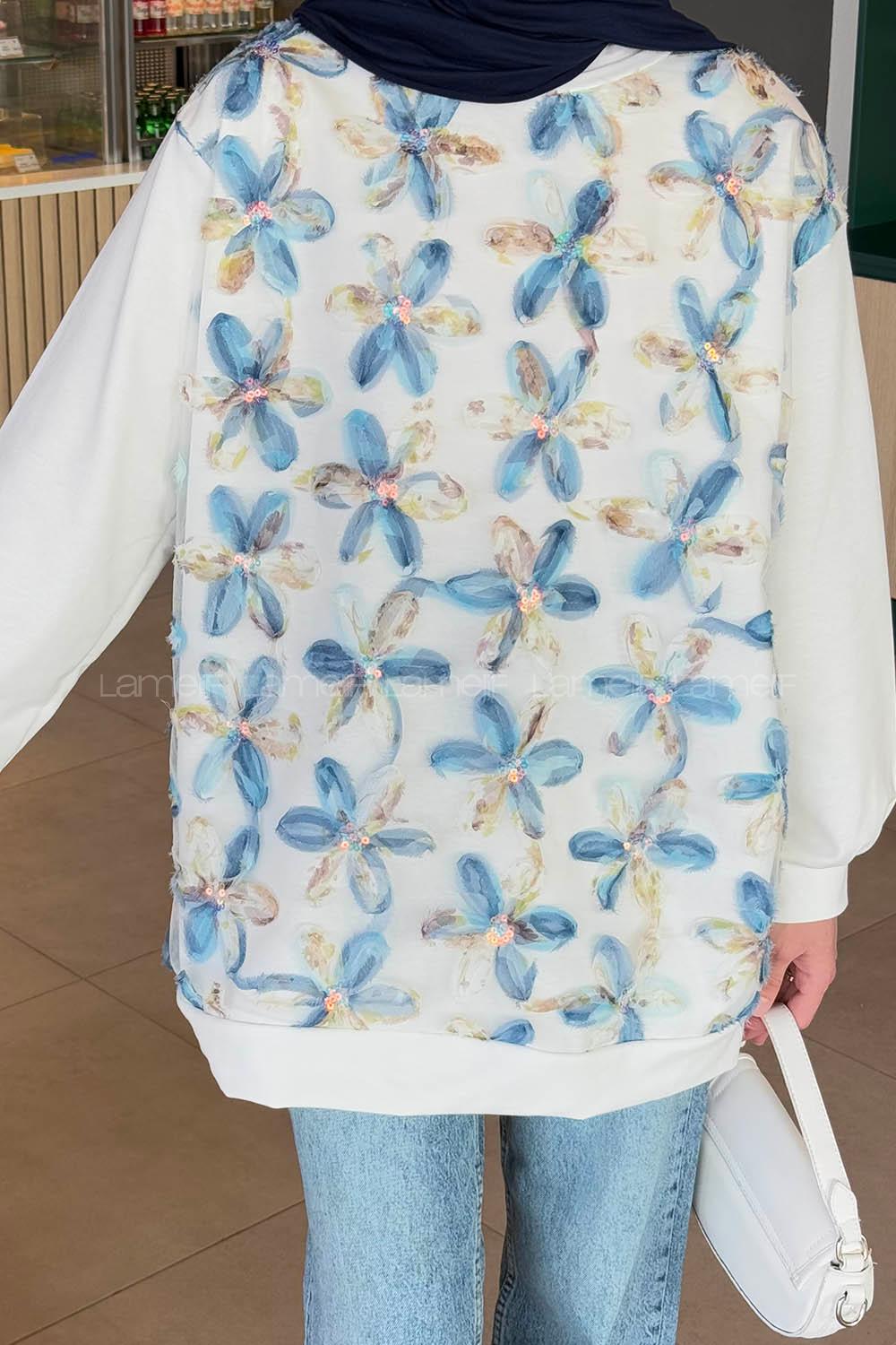 Lamelif Çiçekli İki İplik Tesettür Sweat Mavi