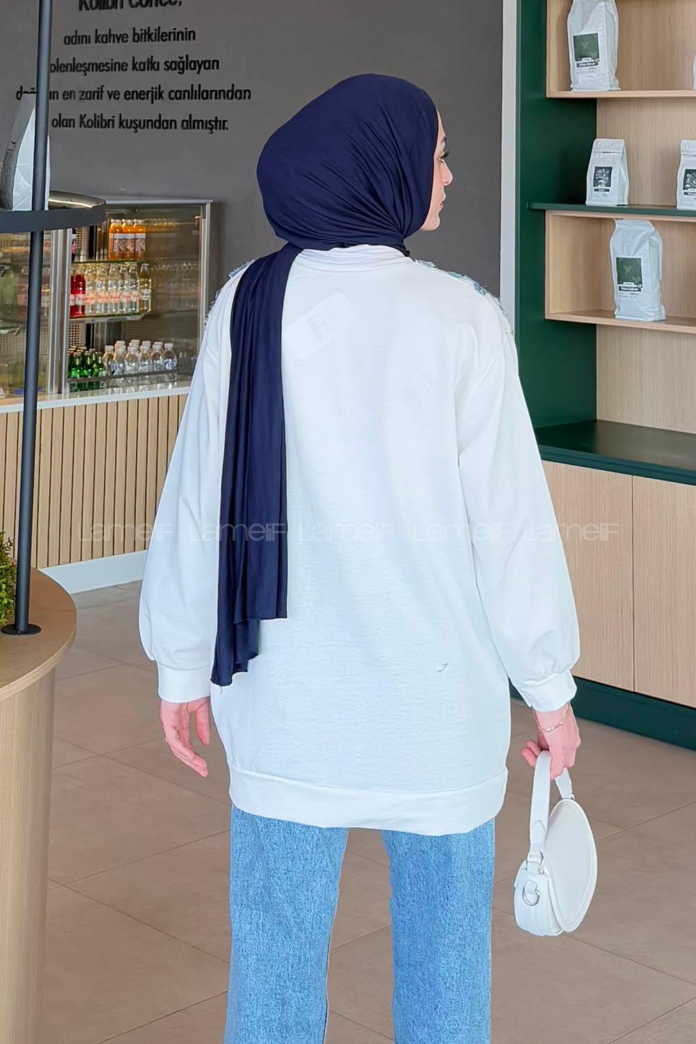 Lamelif Çiçekli İki İplik Tesettür Sweat Mavi