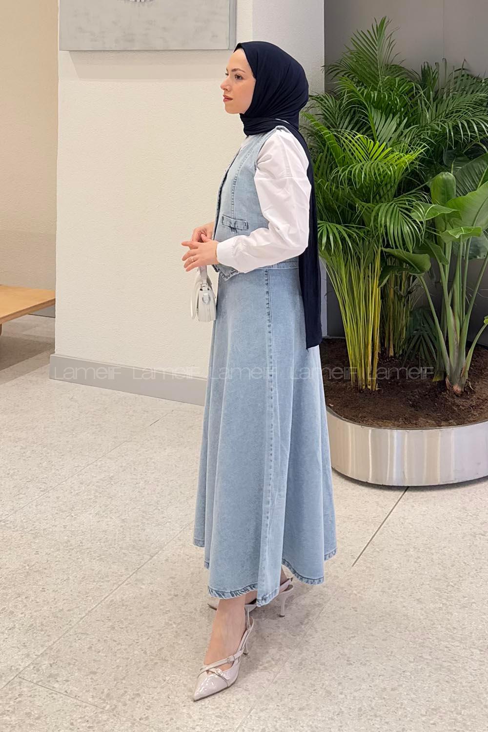 Lamelif Denim Yelek-Etek İkili Tesettür Takım Buz Mavisi