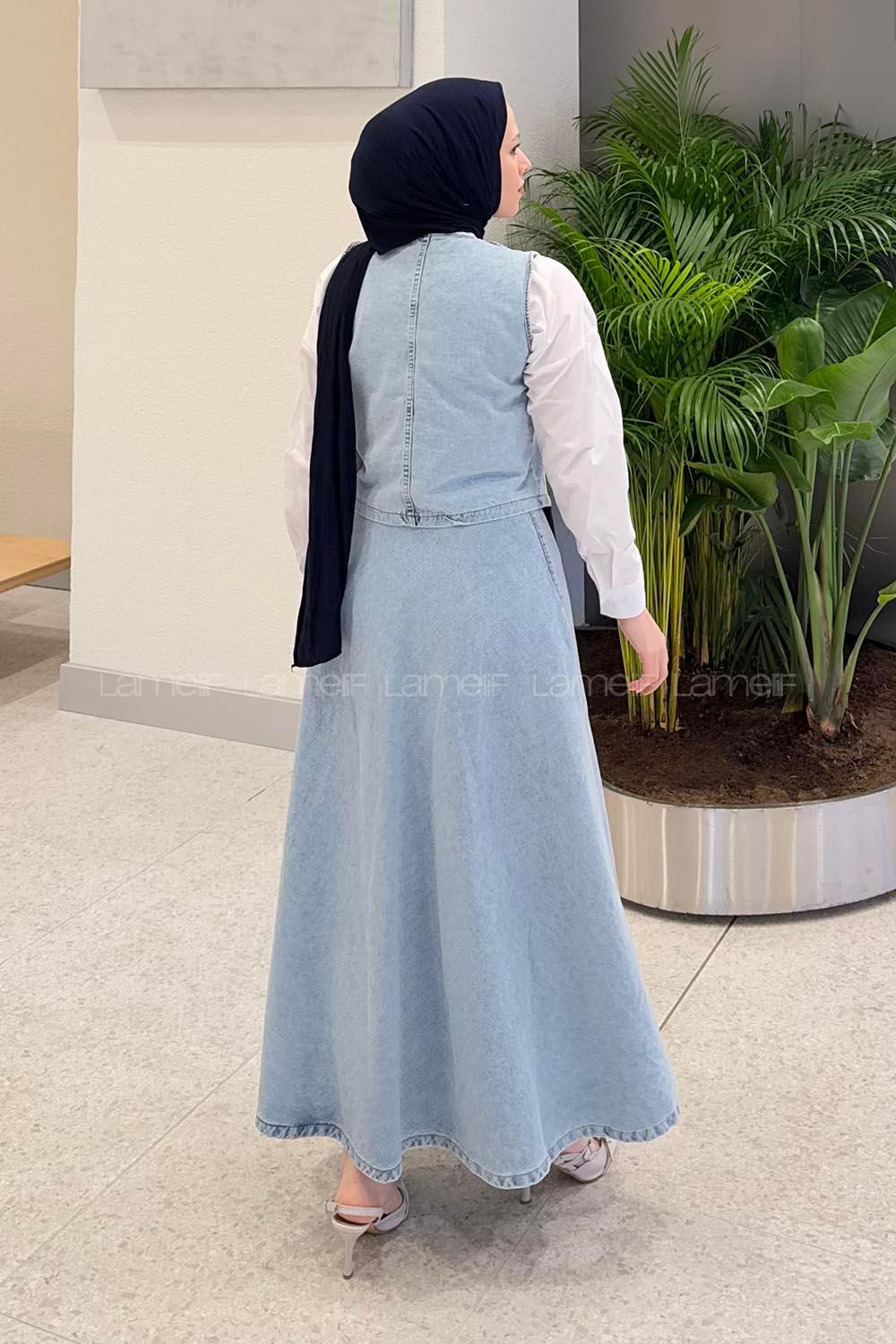 Lamelif Denim Yelek-Etek İkili Tesettür Takım Buz Mavisi