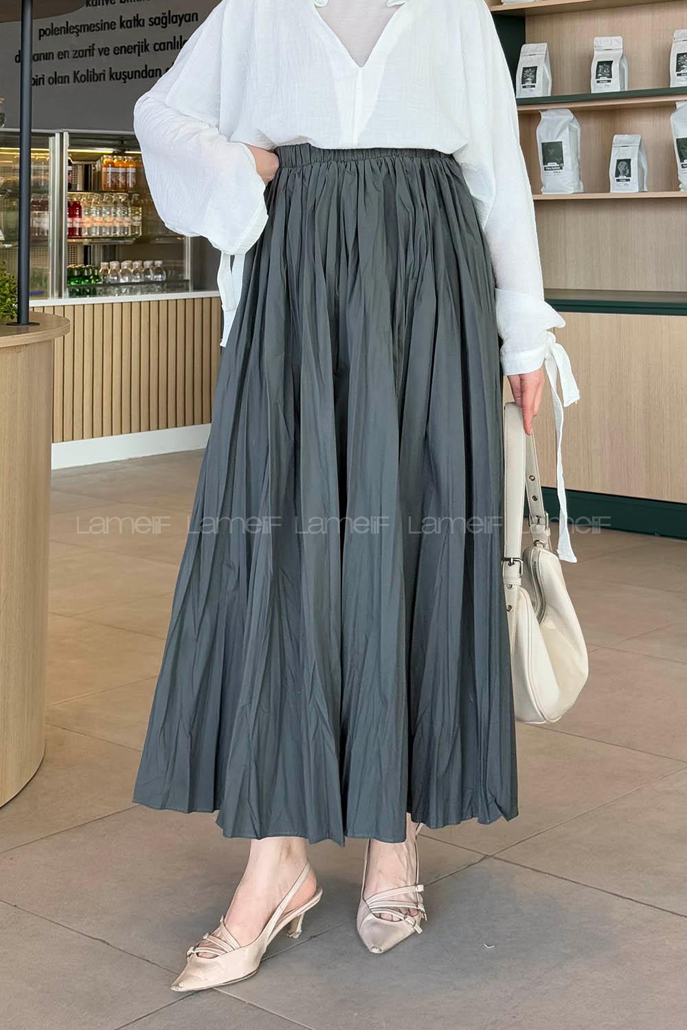 Lamelif Kraşlı Tesettür Etek Koyu Yeşil