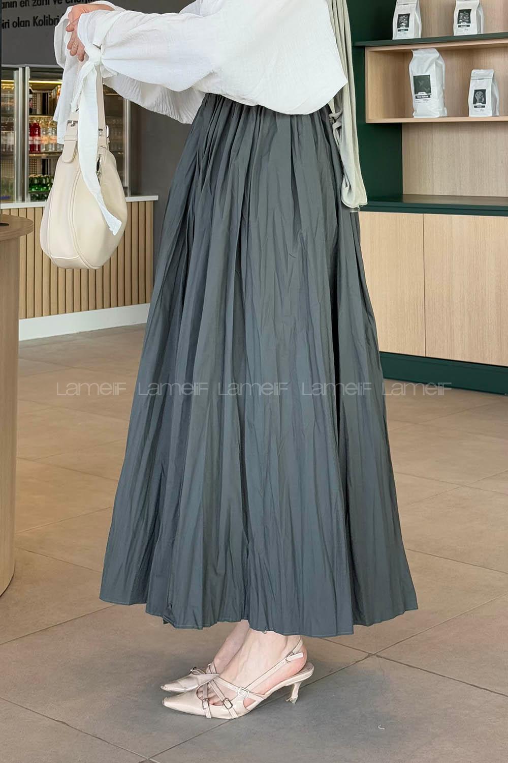 Lamelif Kraşlı Tesettür Etek Koyu Yeşil