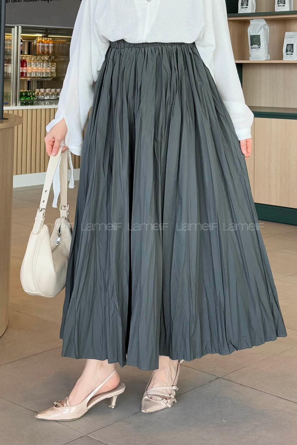 Lamelif Kraşlı Tesettür Etek Koyu Yeşil