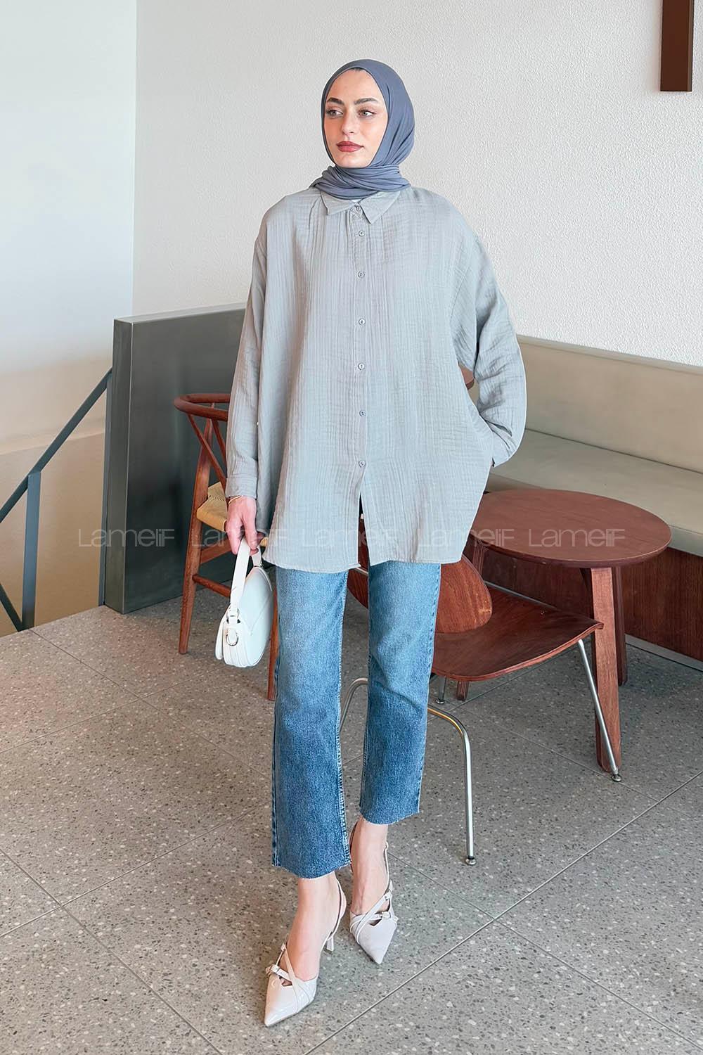 Lamelif Müslin Tesettür Gömlek Gri