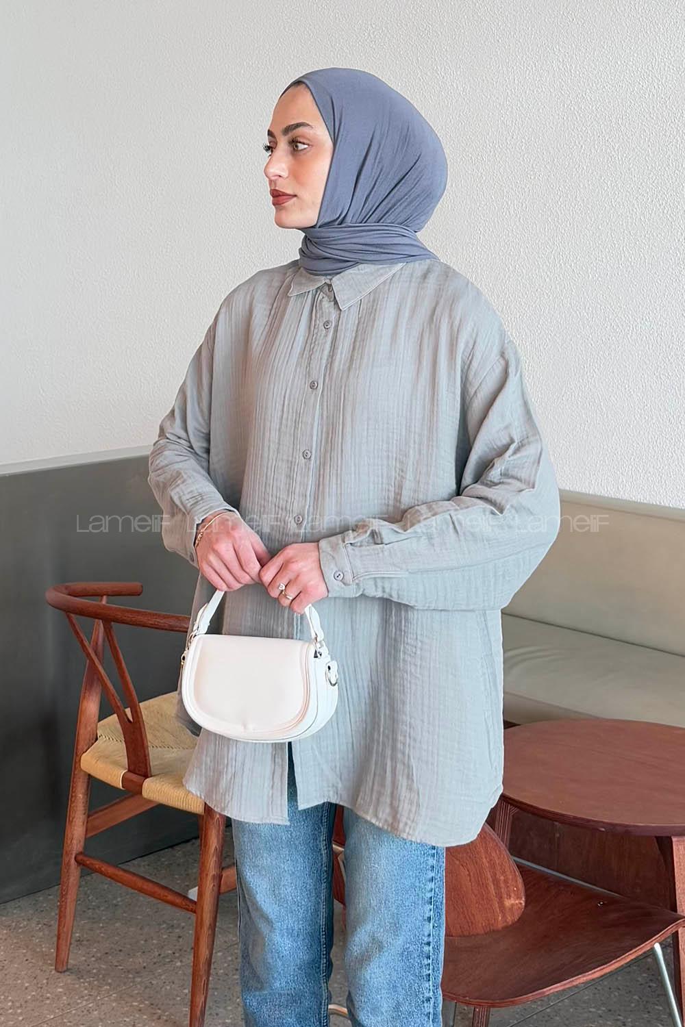 Lamelif Müslin Tesettür Gömlek Gri