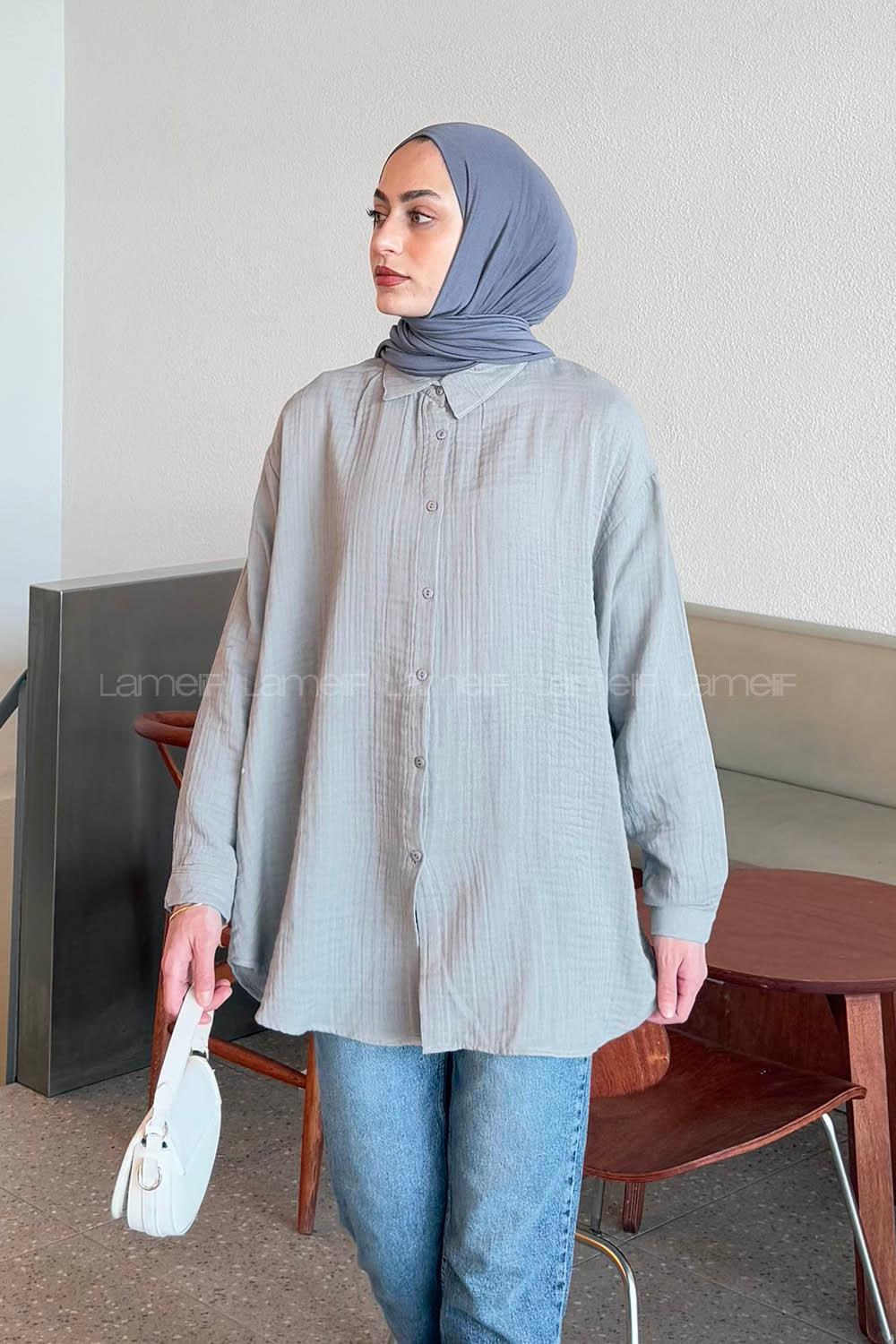 Lamelif Müslin Tesettür Gömlek Gri
