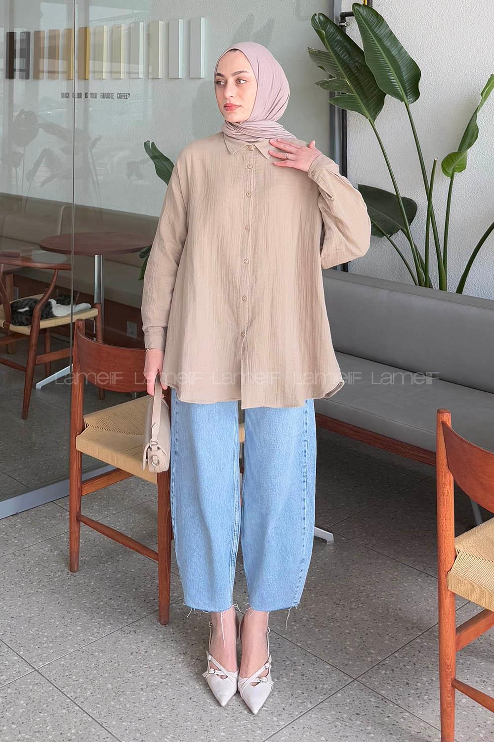 Sand Beige Shirt Collar Long Arm Linen Shirt
