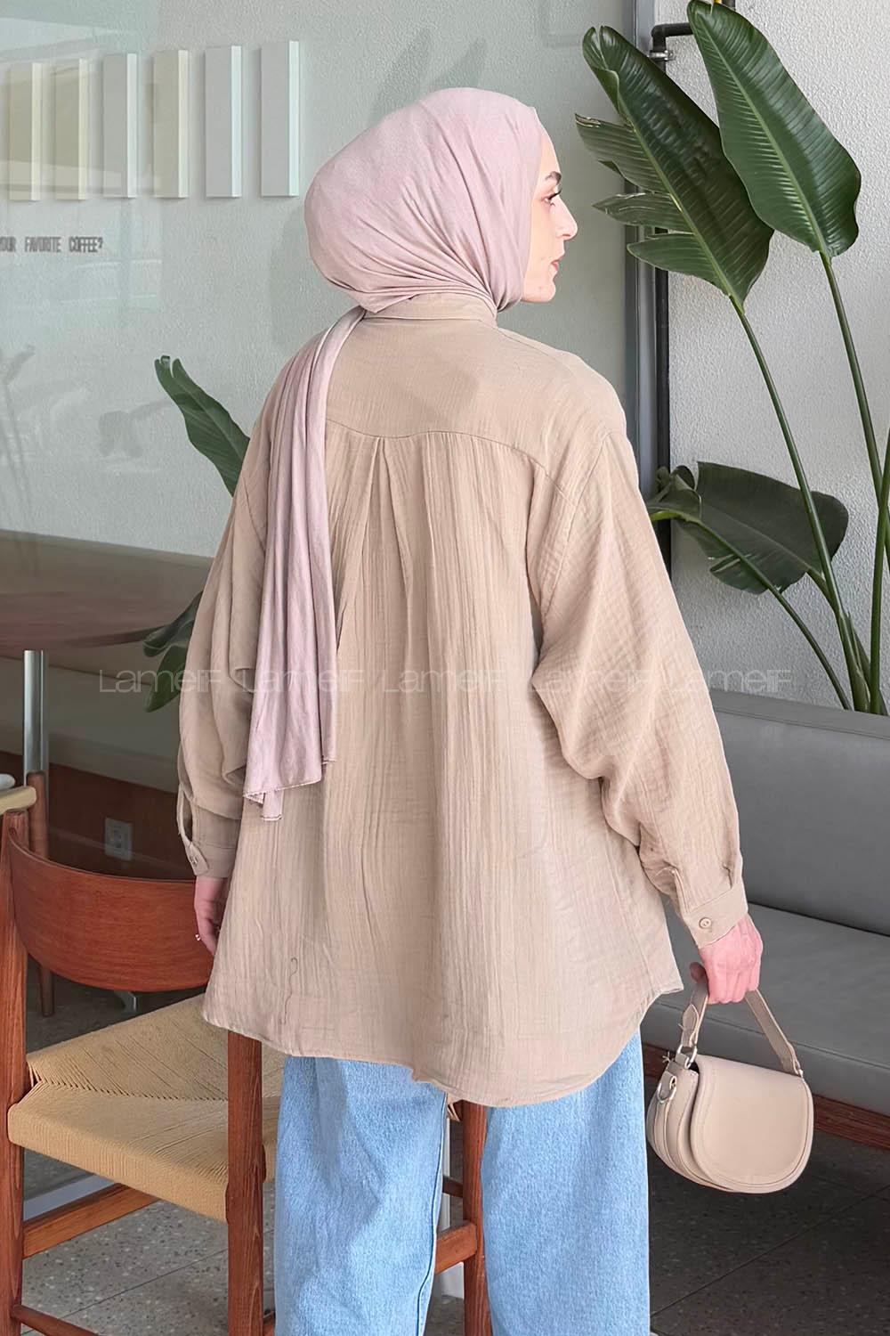 Sand Beige Shirt Collar Long Arm Linen Shirt