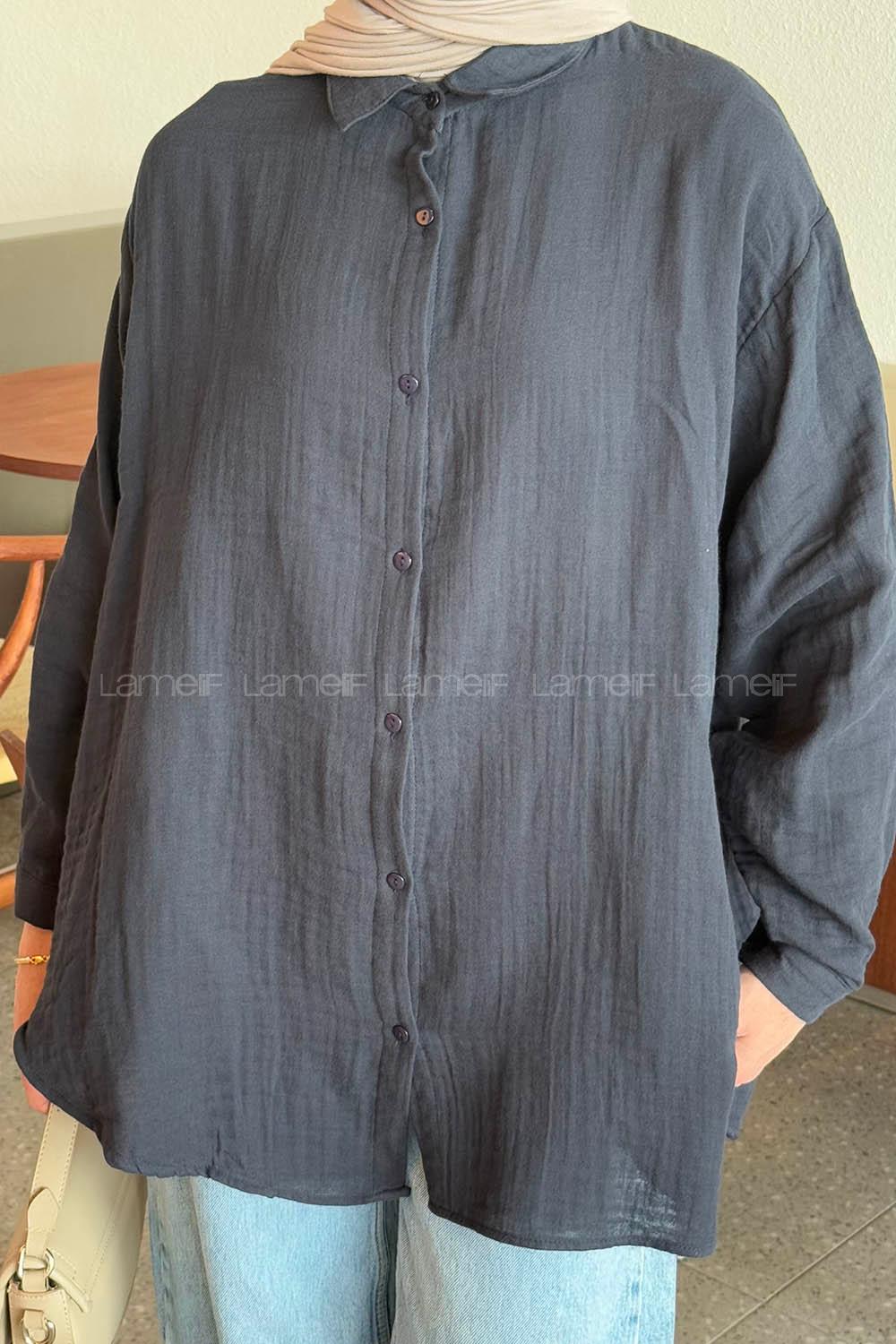 Navy Blue Shirt Collar Long Arm Linen Shirt