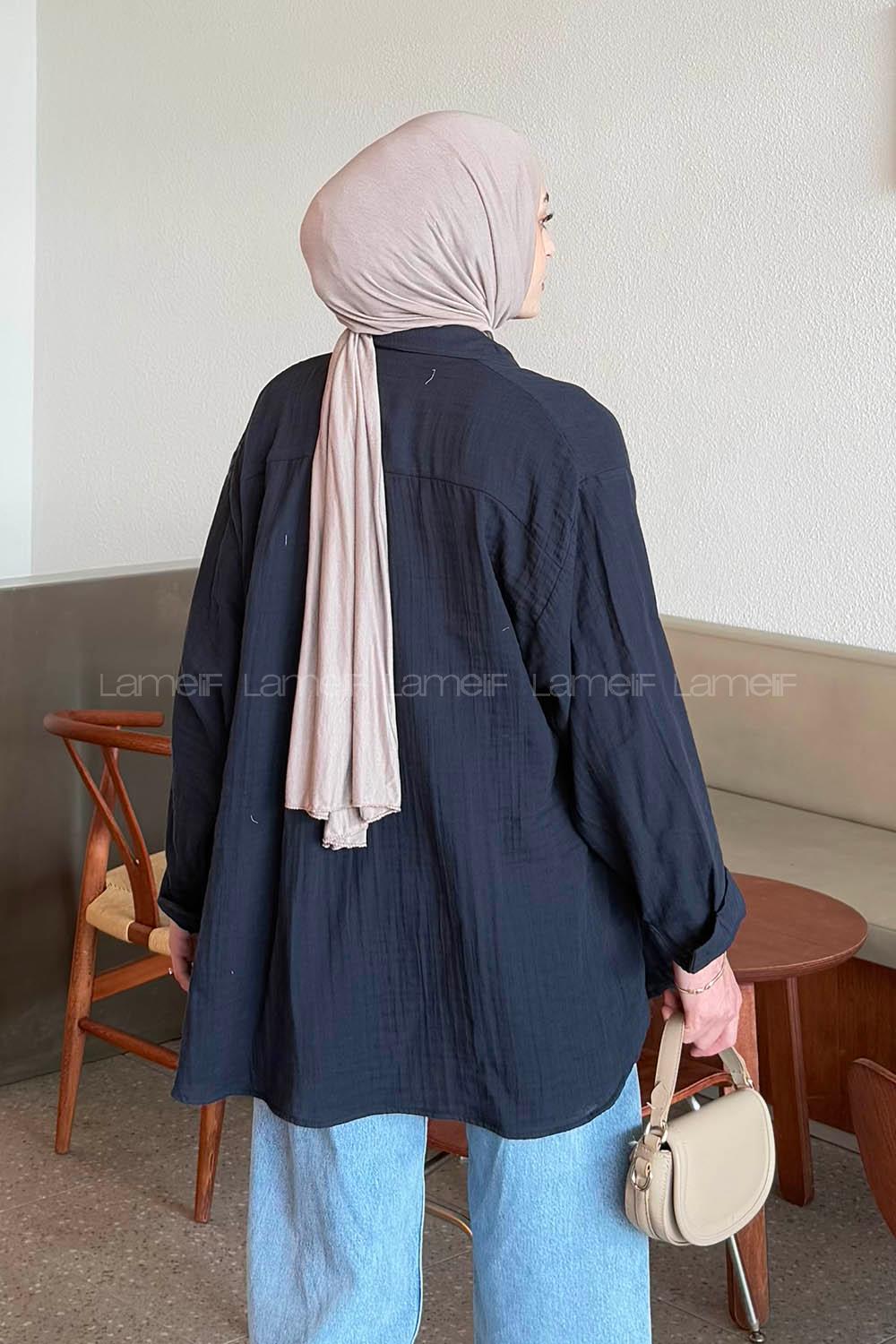 Navy Blue Shirt Collar Long Arm Linen Shirt