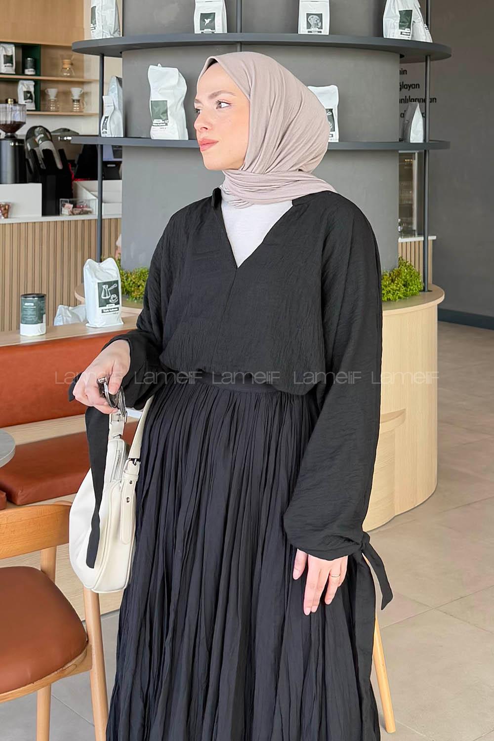 Lamelif Önden Bağlamalı V Yaka Bluz Siyah