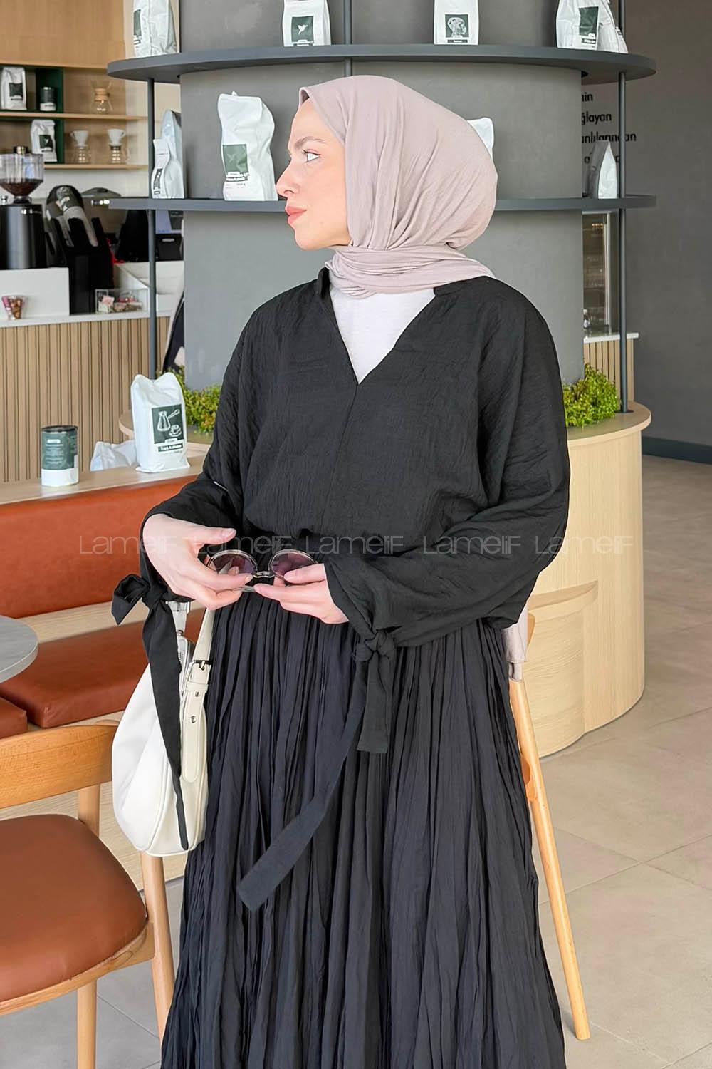 Lamelif Önden Bağlamalı V Yaka Bluz Siyah