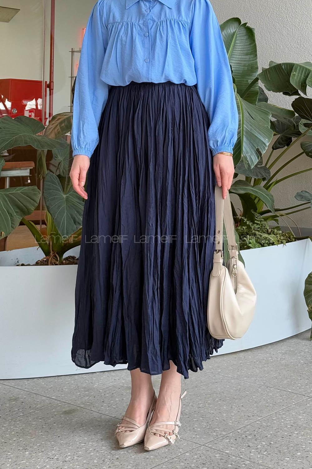 Lamelif Pileli Tesettür Etek Lacivert