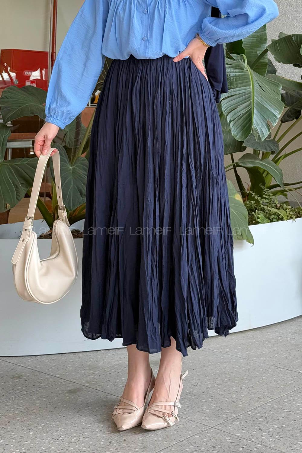 Lamelif Pileli Tesettür Etek Lacivert