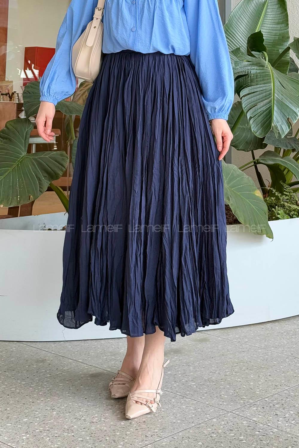 Lamelif Pileli Tesettür Etek Lacivert