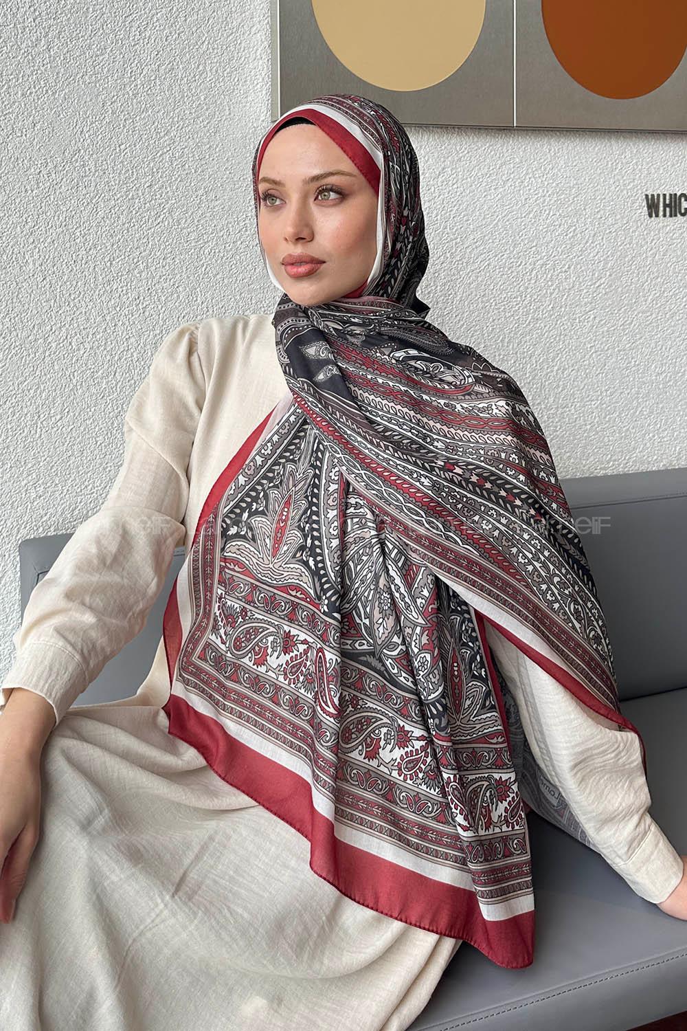 Lamelif Retro Desen Pamuk Şal Bordo