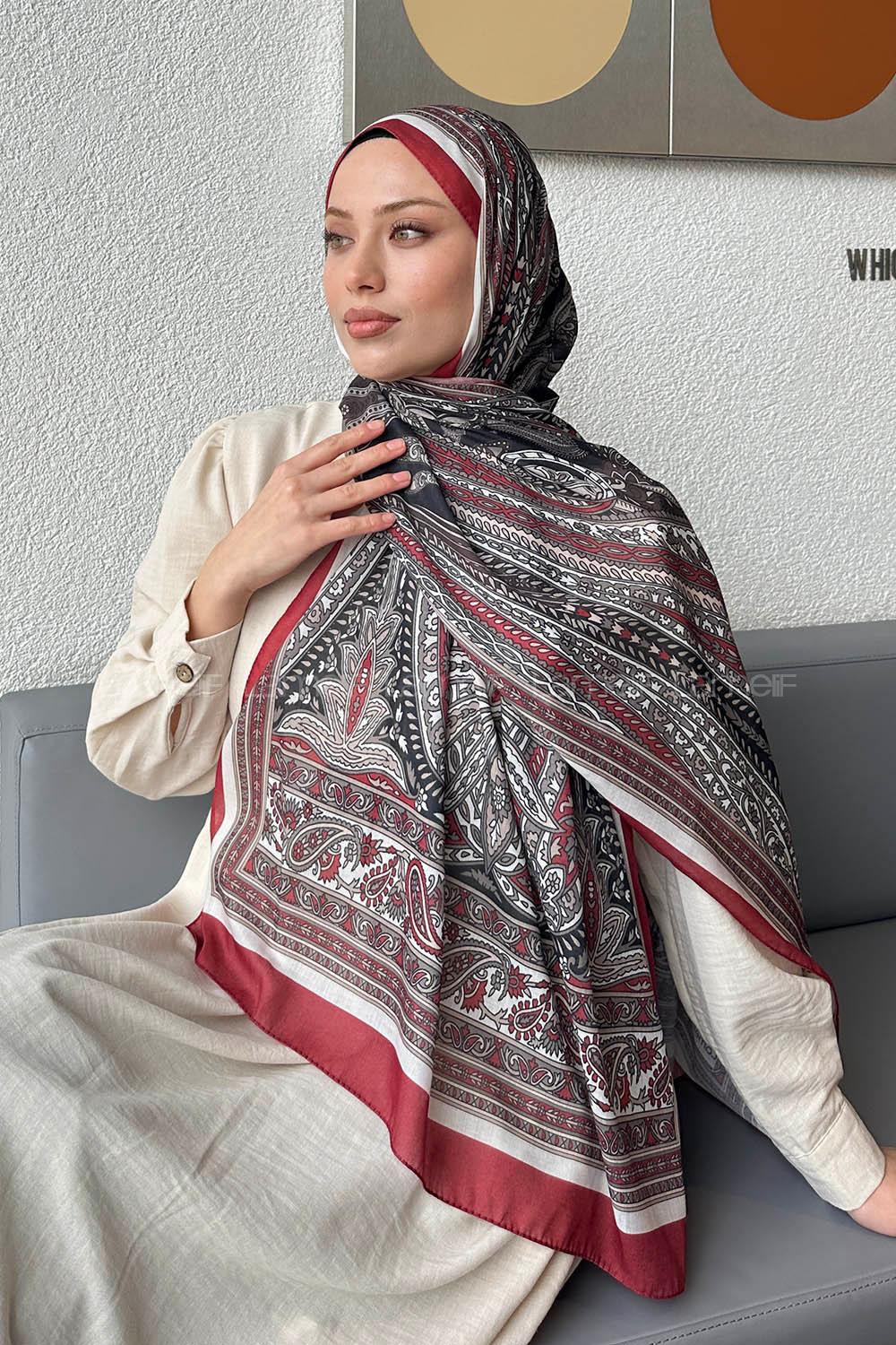 Lamelif Retro Desen Pamuk Şal Bordo