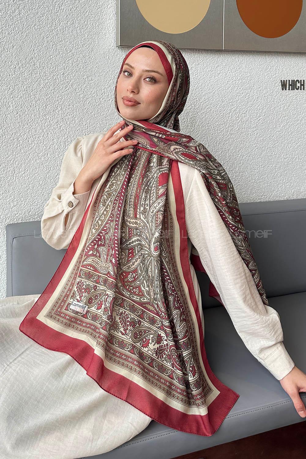 Lamelif Retro Desen Pamuk Şal Bordo