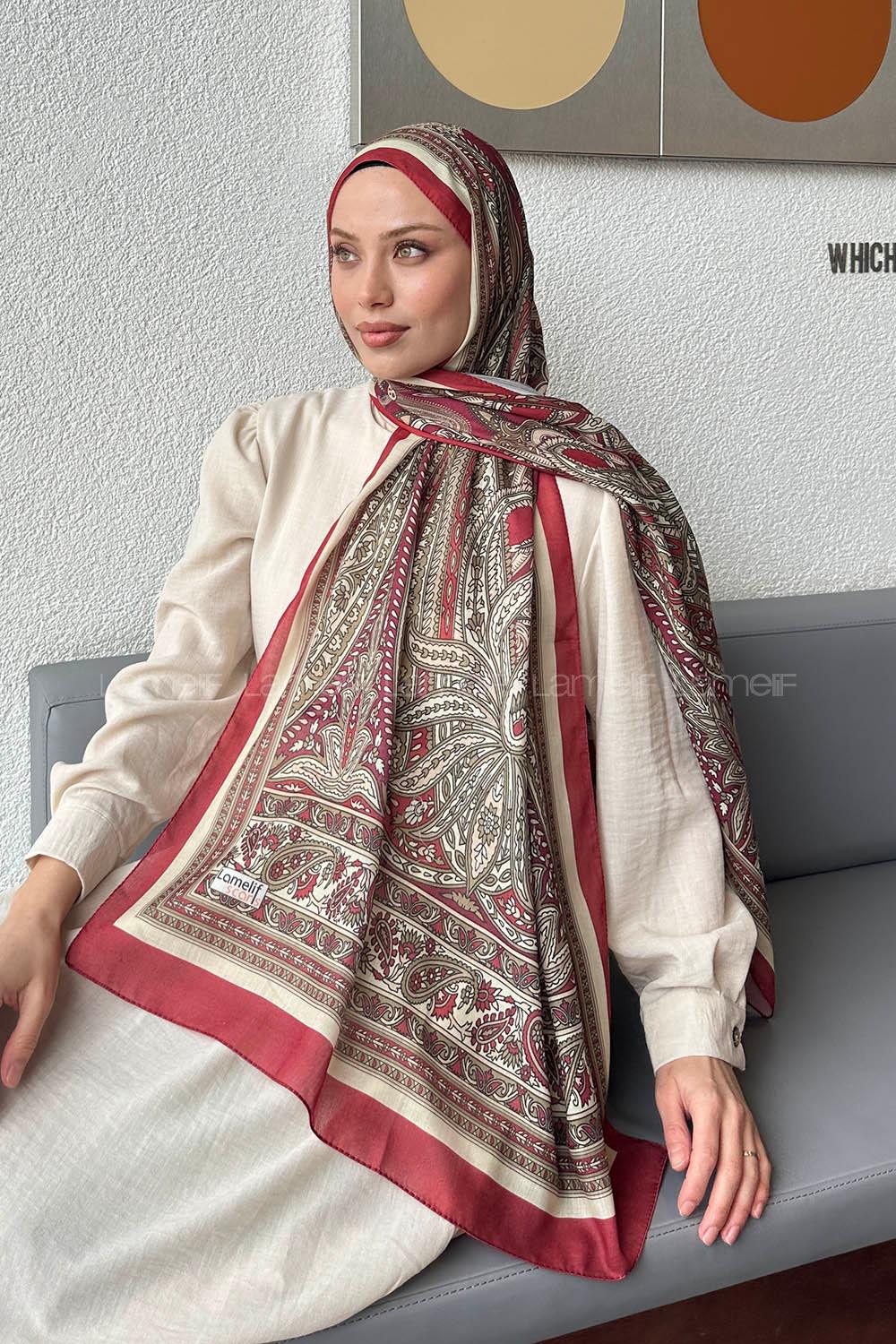 Lamelif Retro Desen Pamuk Şal Bordo