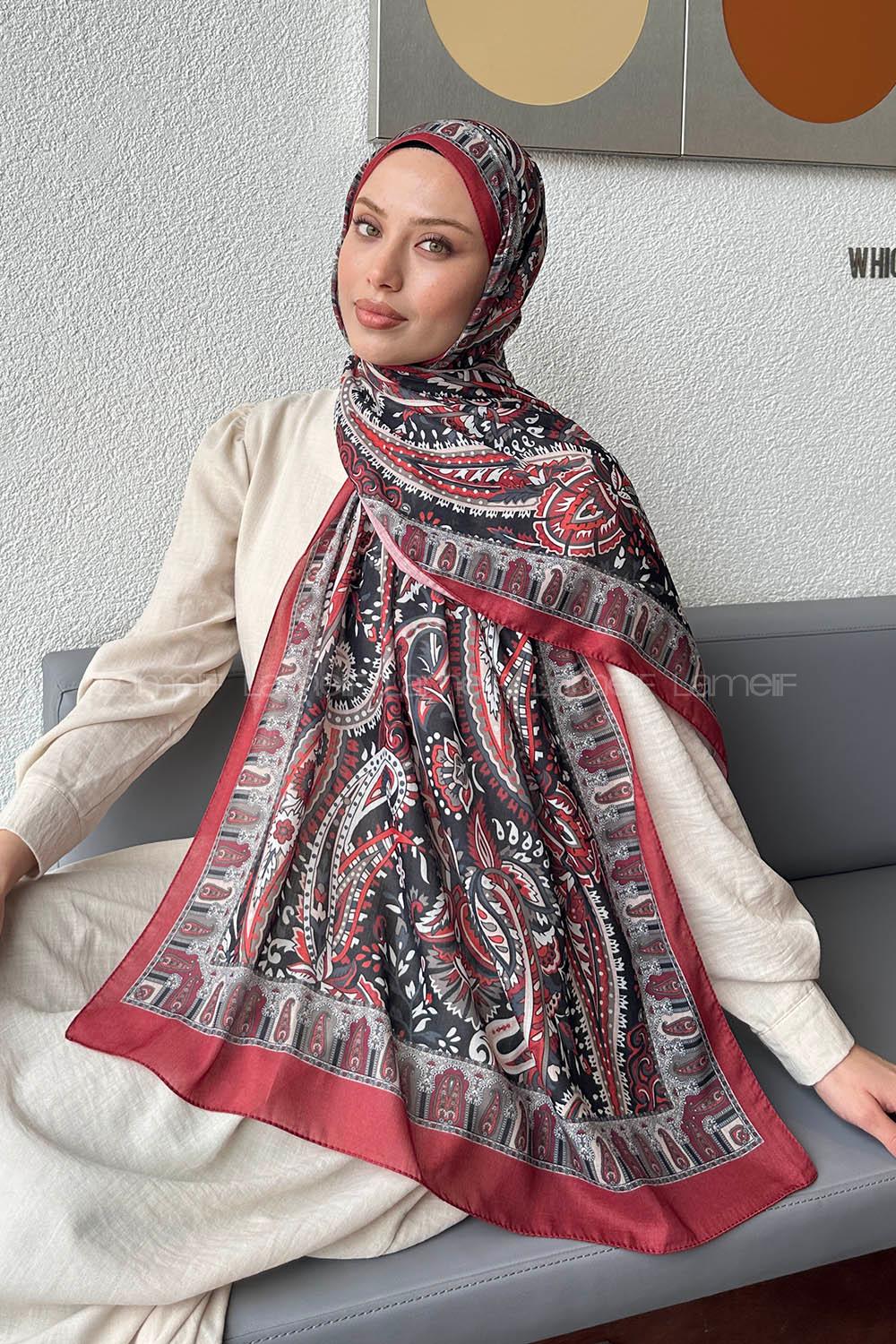 Lamelif Retro Desen Pamuk Şal Bordo