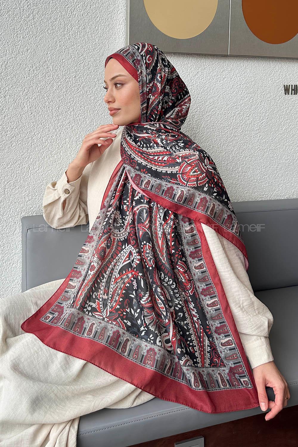 Lamelif Retro Desen Pamuk Şal Bordo