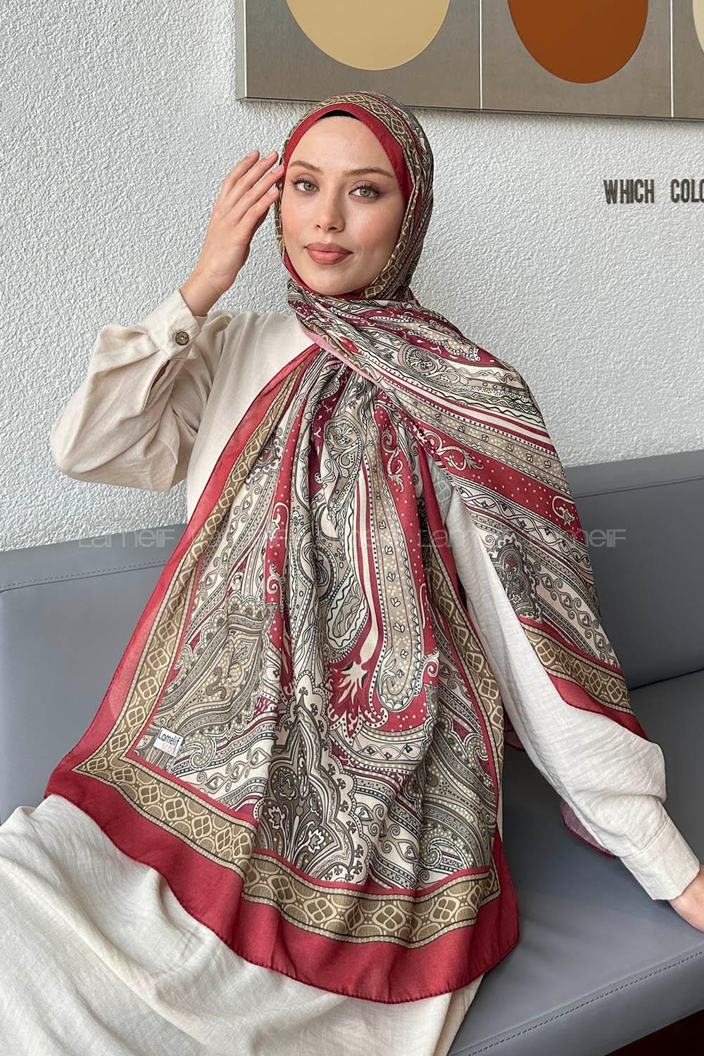 Lamelif Retro Desen Pamuk Şal Bordo