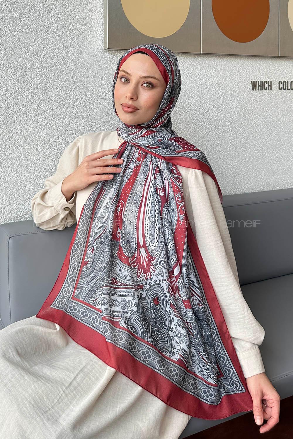 Lamelif Retro Desen Pamuk Şal Bordo