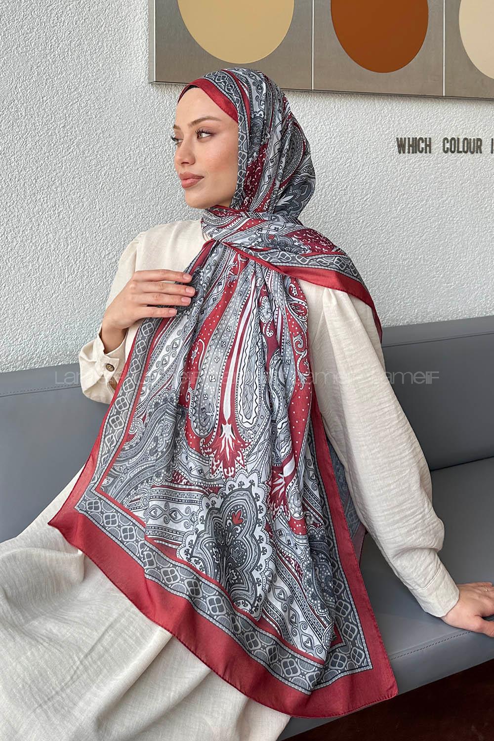 Lamelif Retro Desen Pamuk Şal Bordo