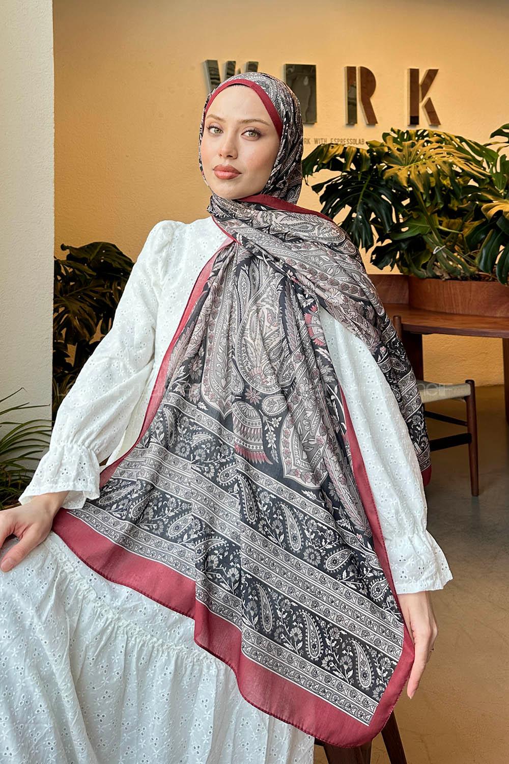 Lamelif Retro Desen Pamuk Şal Bordo