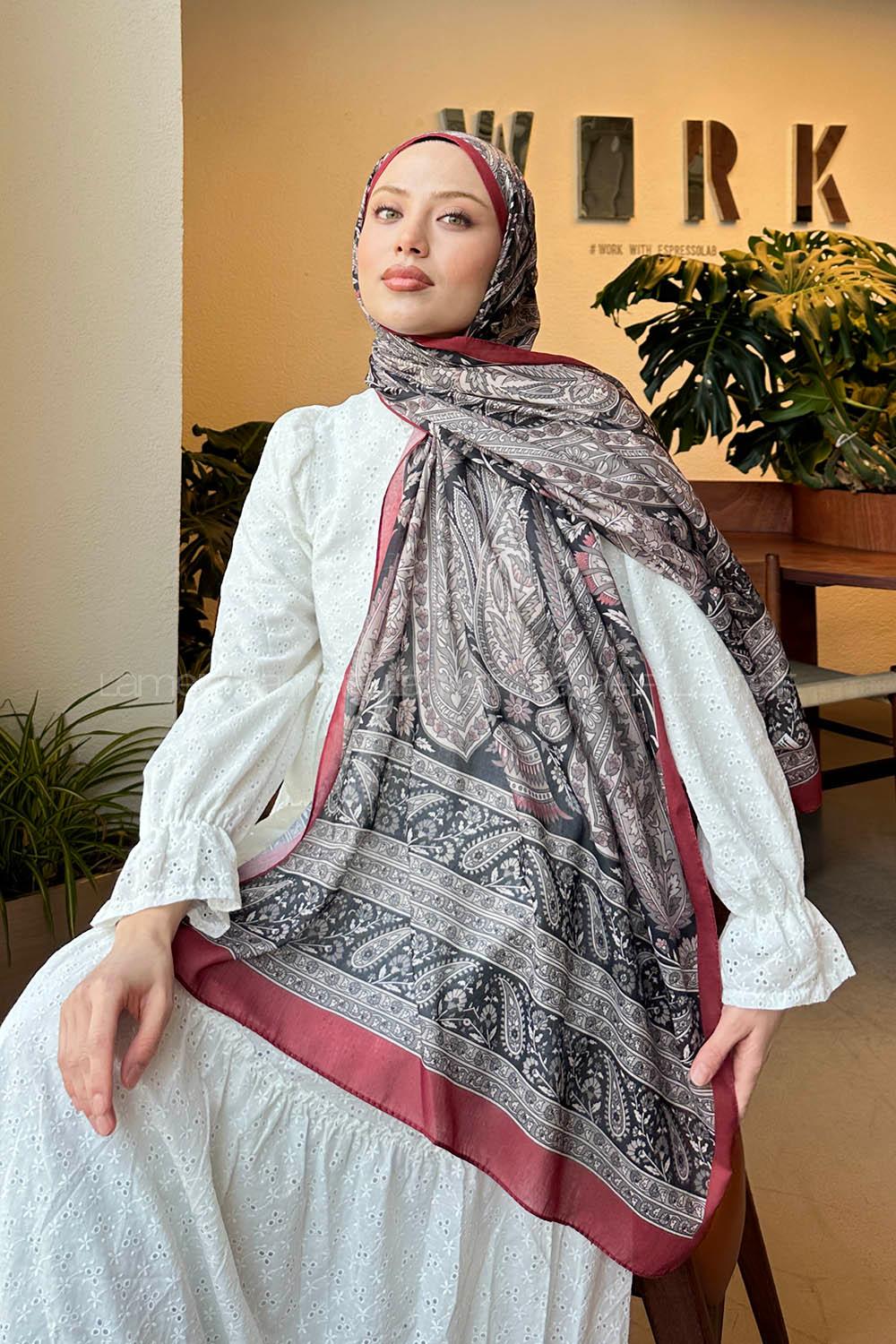 Lamelif Retro Desen Pamuk Şal Bordo