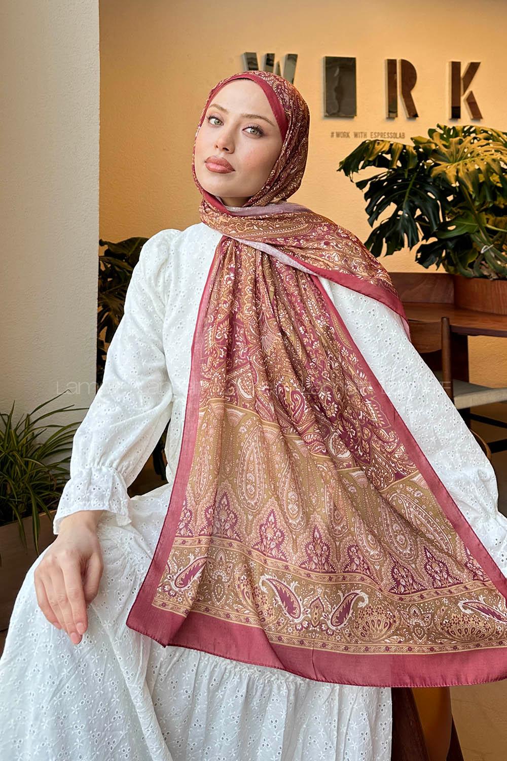 Lamelif Retro Desen Pamuk Şal Bordo