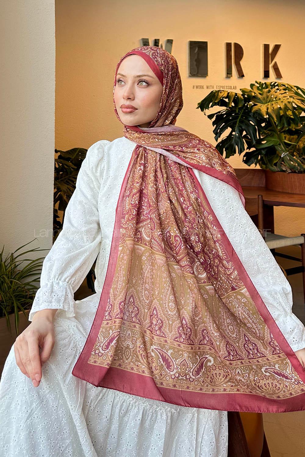 Lamelif Retro Desen Pamuk Şal Bordo